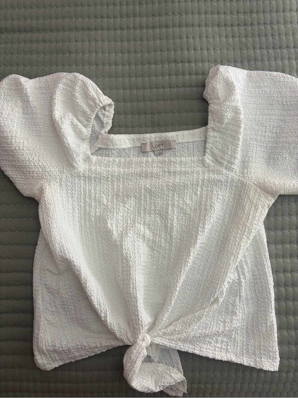 LOFT White Textured Tie-Knot Square Neck Puff Sleeve Top
